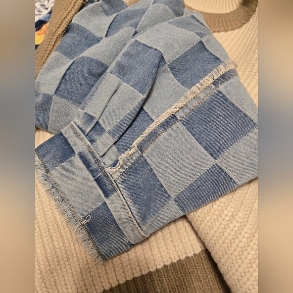 J.O.A. Beige Ribbed Knit Sweater With Denim Sleeves Size Large - Picture 6 of 11